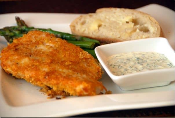 Cornflake Crusted Halibut with Chile Cilantro Aioli